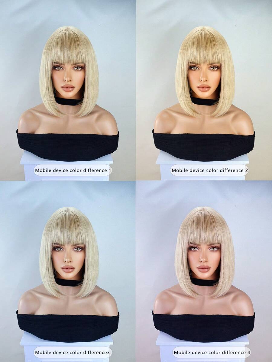 Blonde Bob Wig For Women, Short Blonde Wigs With Bangs, Straight Platinum Blonde Wig For Daily Party Use Heat Resistant 12 Inch