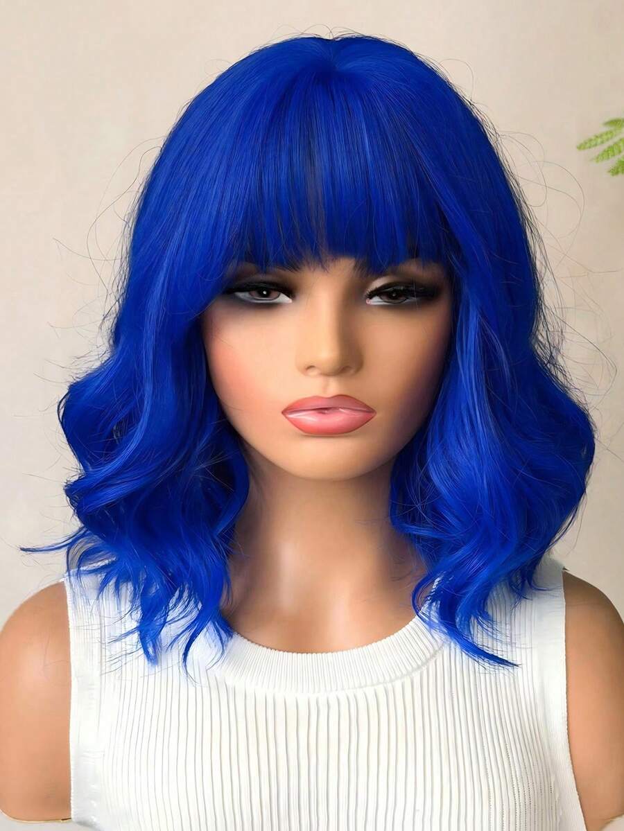 16 Inch Ladies Gradient Blue Bangs Short Curly Hair Synthetic Wig Ladies Wig For Daily Or Cosplay Use