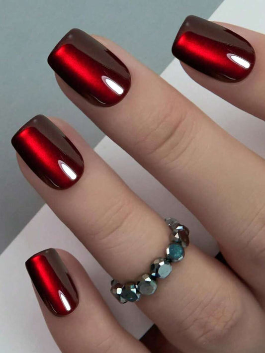 24pcs Square Shaped Press-On Nails - Sweet Red Cat Eye Solid Color Design Medium Length Artificial Nails, Suitable For Women's Daily Wear, Parties And Special Occasions, A Perfect Gift For Her, Manicure Technique Gift, Exquisite Nail Art Supplies